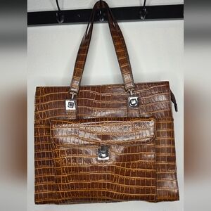 Brown Croc-Embossed Leather Tote Bag